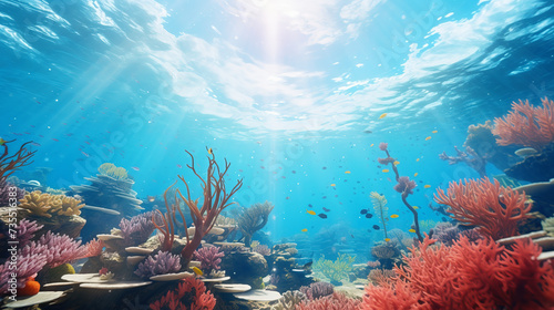 Sunlight shining through warm clear water, illuminating exotic underwater landscape with colorful coral riffs. Tropical marine nature. Clean ocean with healthy ecosystem. photo
