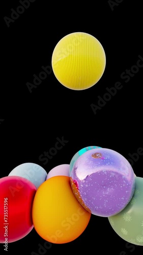 Soft body bouncy balls falling and filling up the frame of this vertical/portrait short 3D rendered abstract animation. File info : 30 second 1080p ProRes 4444  with transparent background @ 30 FPS.