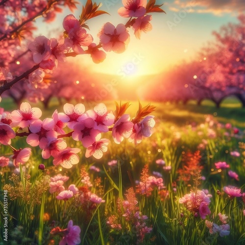 Pink cherry tree blossom flowers blooming in a green grass meadow on a spring Easter sunrise background created with generative ai