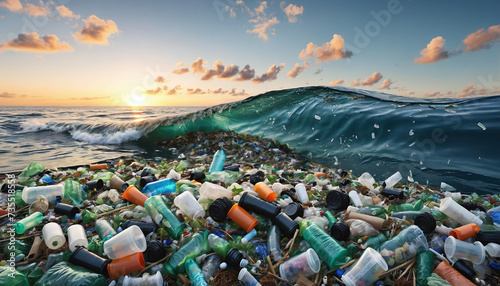 Free-floating industrial plastic waste in the ocean and on beaches, massively polluting coastal regions and waters around the world - ai generated