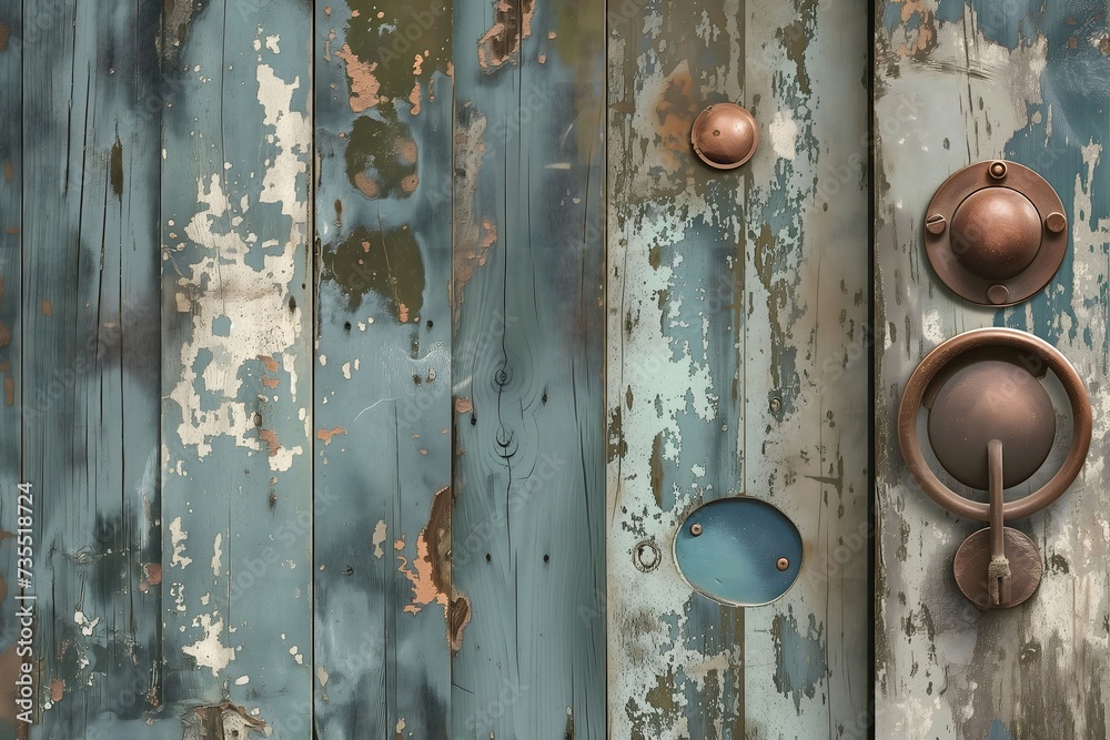 Vintage Blue Wooden Door with Rustic Metal Knobs and Peeling Paint Texture - obrazy, fototapety, plakaty 