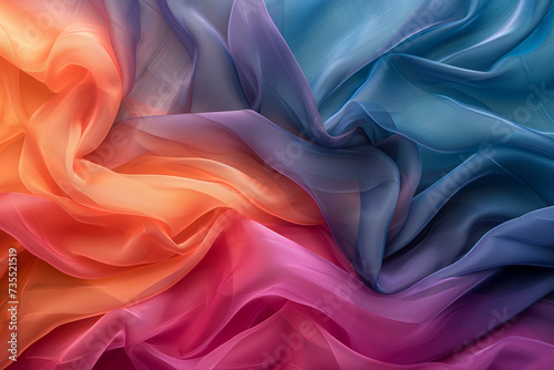 Wavy silk fabric background in orange, red and blue colors.