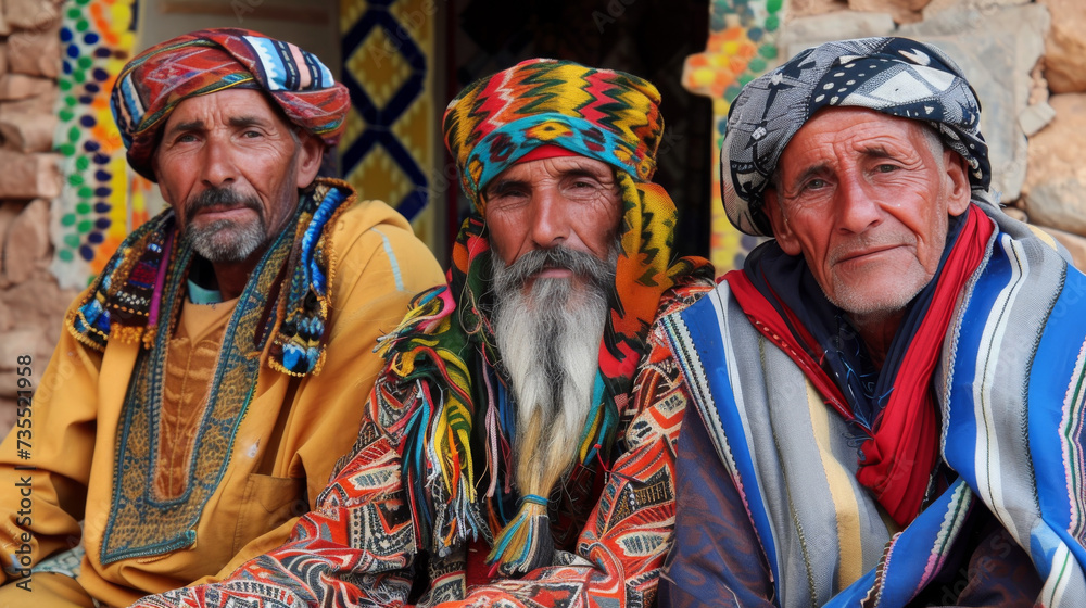 Vibrant head wraps adorn a group of bearded men, embodying tradition and style as they gather outdoors in colorful headgear