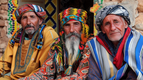 Vibrant head wraps adorn a group of bearded men, embodying tradition and style as they gather outdoors in colorful headgear