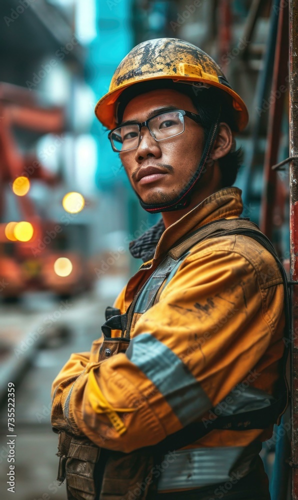 An asian man in a hard hat and safety glasses. Generative AI. An asian man in a hard hat and safety glasses. Generative AI.