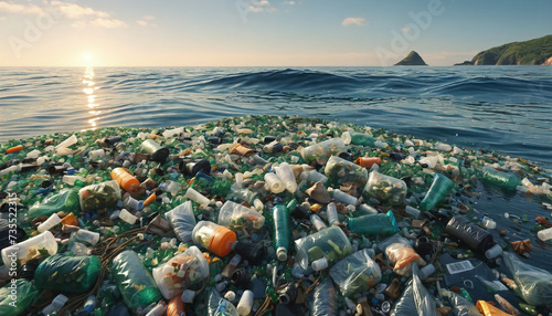 Free-floating industrial plastic waste in the ocean and on beaches, massively polluting coastal regions and waters around the world - ai generated photo