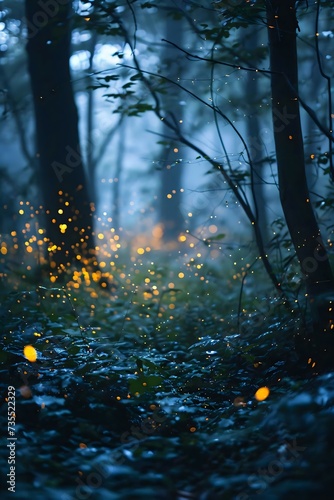 a forest filled with lots of yellow fireflies