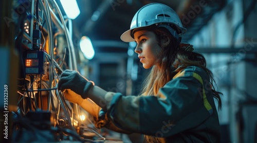 A woman in a hard hat working on a machine. Generative AI.