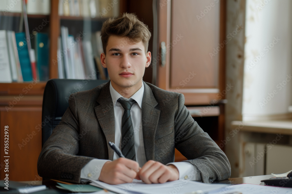 A focused man in professional attire sits at his desk, surrounded by books and papers, his face revealing deep concentration as he writes on the table, the wall behind him adorned with shelves of kno - obrazy, fototapety, plakaty 