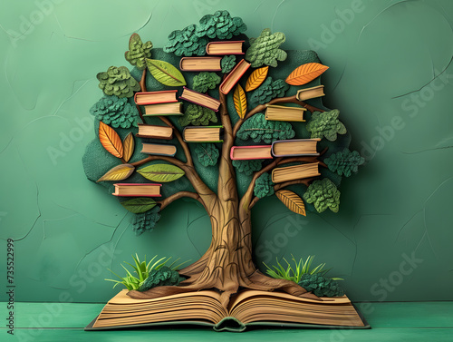 A book cleverly designed in the shape of a tree, adorned with smaller books on its branches. World Book Day