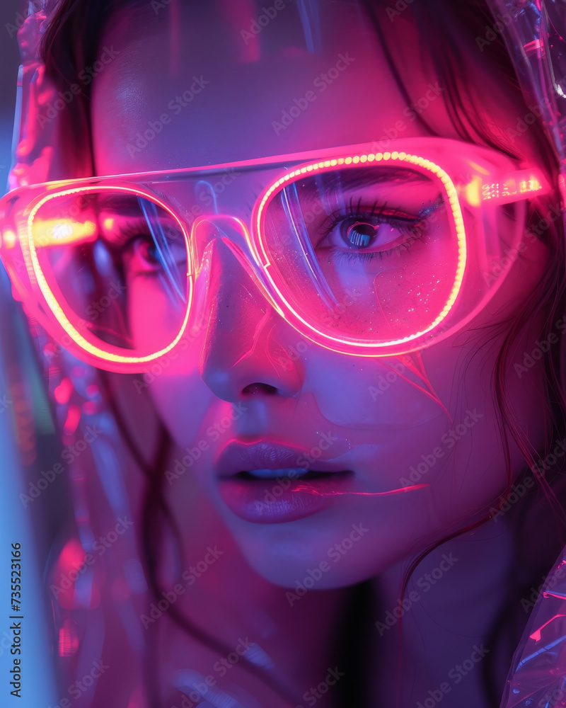 A stylish woman rocks pink and blue neon glasses, adding a cool and playful touch to her overall look with the futuristic eyewear A stylish woman rocks pink and blue neon glasses, adding a cool and playful touch to her overall look with the futuristic eyewear