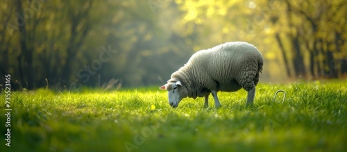 A terrestrial animal with a woolly coat, a sheep, is peacefully grazing on the lush green grass in a natural grassland landscape.