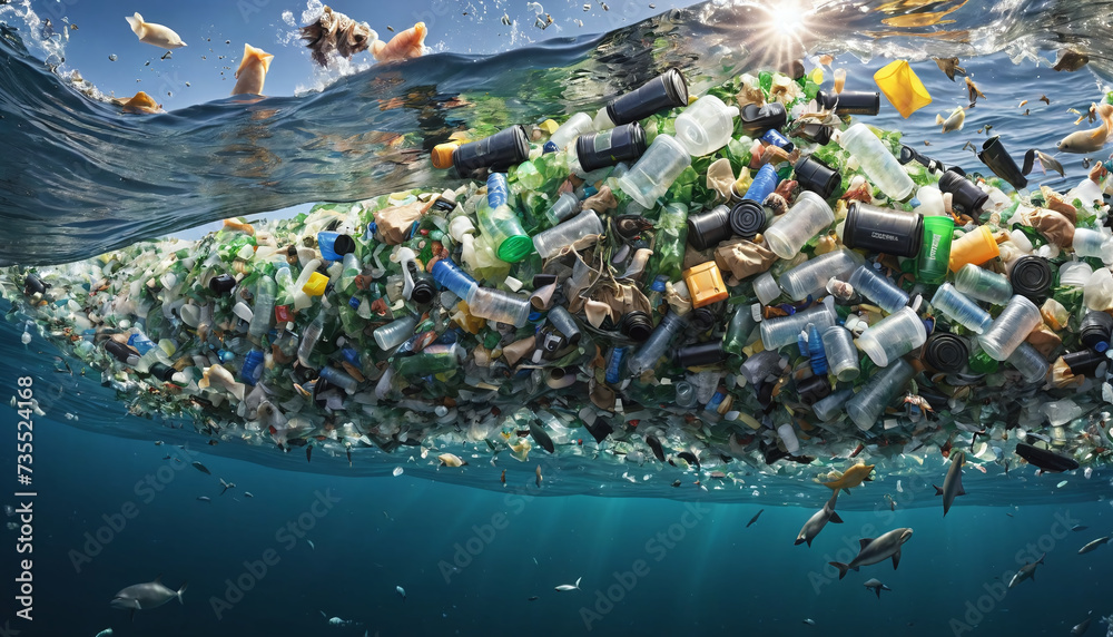 Free-floating industrial plastic waste in the ocean and on beaches, massively polluting coastal regions and waters around the world - ai generated - obrazy, fototapety, plakaty 