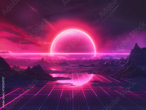 Synthwave Dreams: Retrofuturistic Landscape with Neon Sun - Vibrant Synthwave Aesthetic Wallpaper
