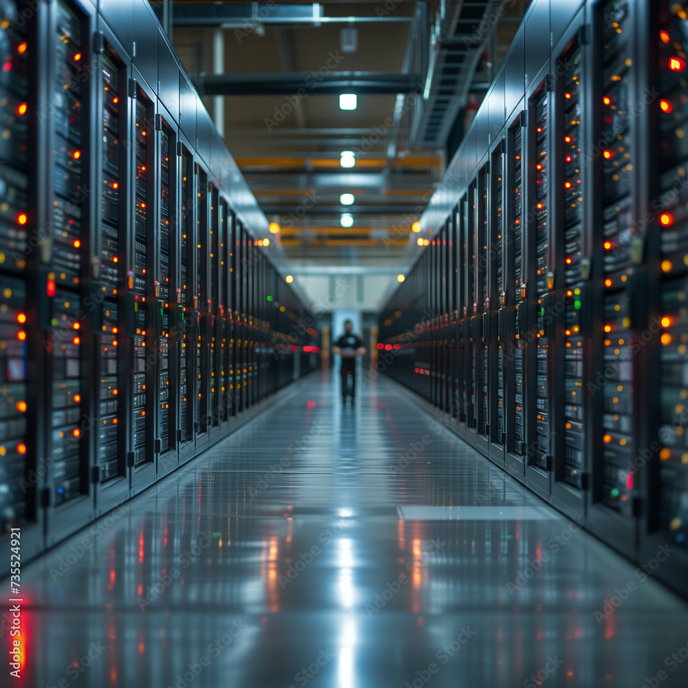 Fototapeta premium Secure Data Storage Facility: Illuminated Hallway with Advanced Security Measures