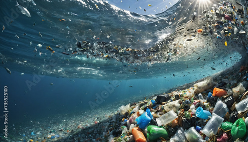 Free-floating industrial plastic waste in the ocean and on beaches, massively polluting coastal regions and waters around the world - ai generated