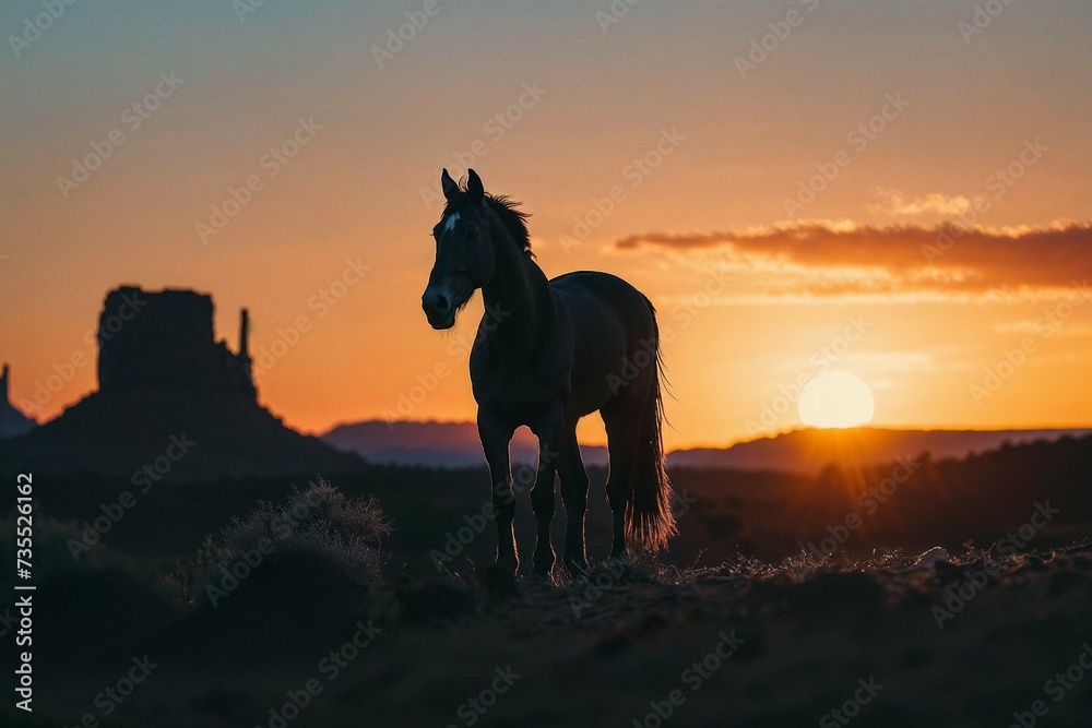 Photorealistic ai artwork of a silhouette of a horse at sunset or sunrise at monument valley in the desert. Generative ai. Photorealistic ai artwork of a silhouette of a horse at sunset or sunrise at monument valley in the desert. Generative ai.