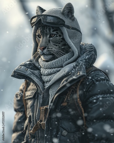 A big cat wearing a winter coat and goggles. Generative AI.