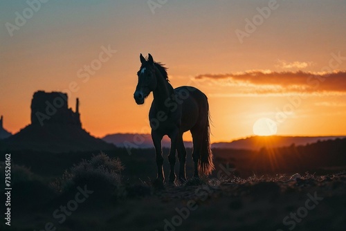 Photorealistic ai artwork of a silhouette of a horse at sunset or sunrise at monument valley in the desert. Generative ai.