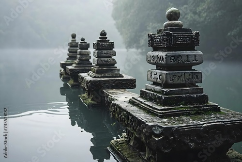 a row of statues sitting on top of a body of water