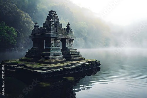 a statue sitting on top of a lake next to a forest
