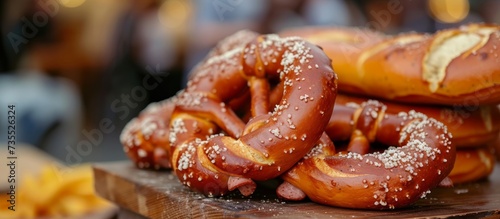 A large pile of delicious and savory pretzels for a tasty snack or party treat photo