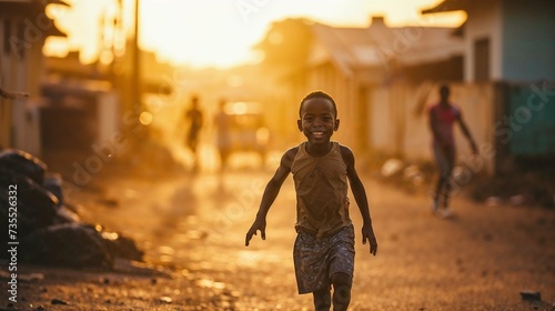 Photorealistic AI artwork of a boy smiling in a small African village at sunset. Generative ai.