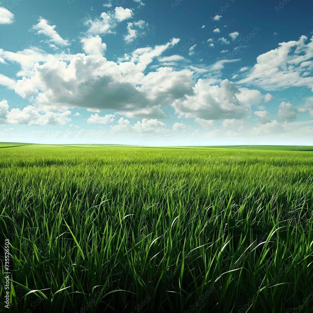 a field of green grass under a cloudy blue sky