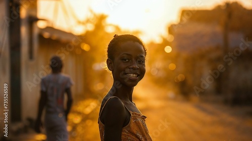 Photorealistic ai artwork of a person smiling and walking in the street of a small African village. Generative ai.