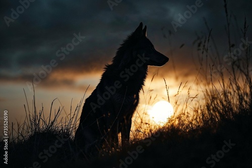 Photorealistic ai artwork of a wolf or a dog silhouette in the sunset or sunrise. Generative ai.