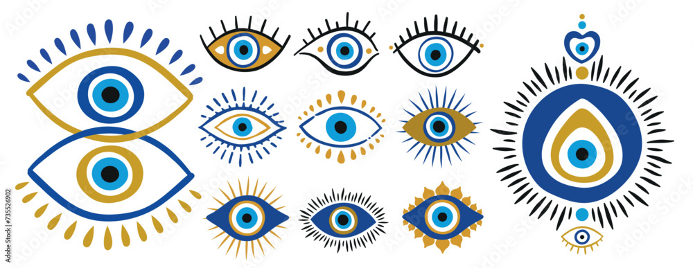 Blue oriental evil eye symbol amulet.Flat style design vector illustration set isolated on white background. Greek or Turkish Nazar protection talisman - obrazy, fototapety, plakaty 