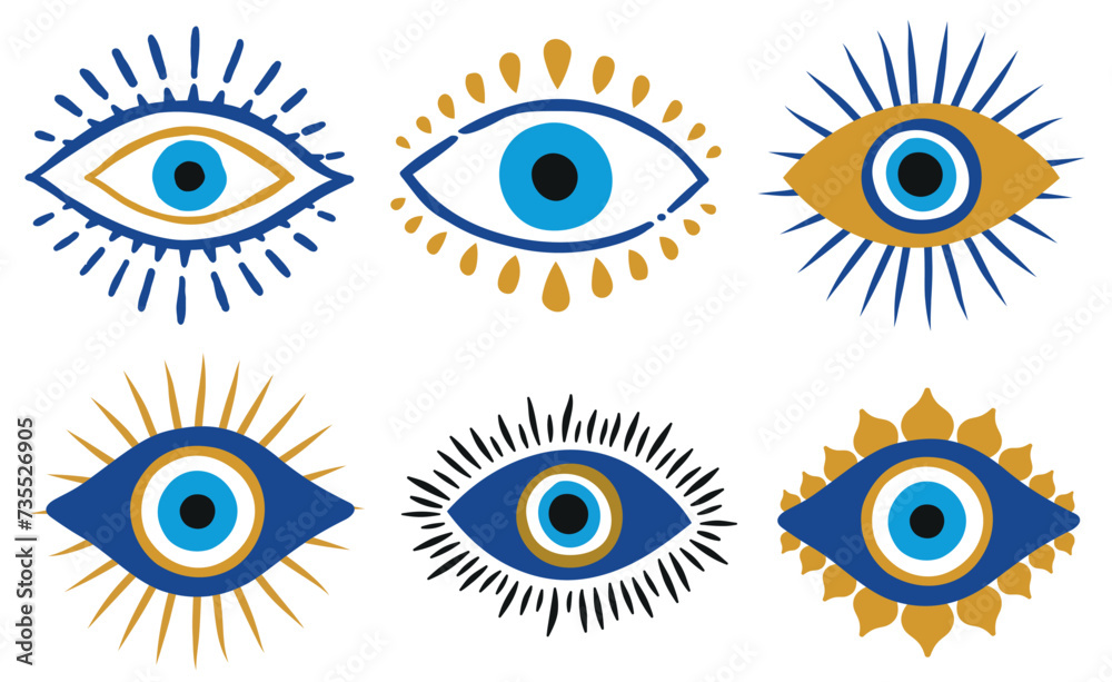 Evil eye talisman icons. Turkish or Greek eye symbols. Ethnic magic amulet from Greece. Blue hamsa mystical icons set in hand drawn style. Nazar amulet symbol. - obrazy, fototapety, plakaty 