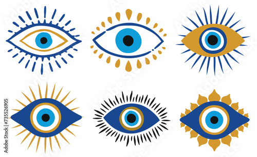 Evil eye talisman icons. Turkish or Greek eye symbols. Ethnic magic amulet from Greece. Blue hamsa mystical icons set in hand drawn style. Nazar amulet symbol.
