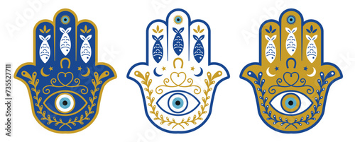 Blue, white and gold hamsa set. Protection and luck amulet. Hand of Fátima, Mediterranean culture. Vector illustration