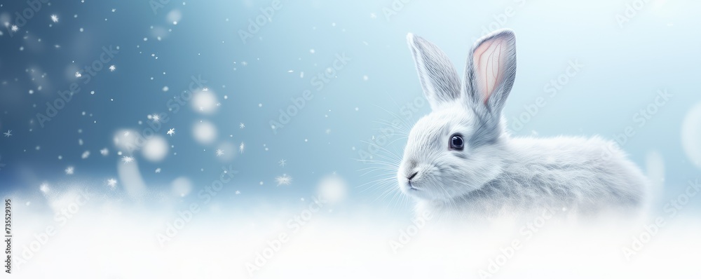 White rabbit on light blue background with copy space. Easter minimalistic concept with copy space. Cute pet for background, poster, print, design card, banner, flyer White rabbit on light blue background with copy space. Easter minimalistic concept with copy space. Cute pet for background, poster, print, design card, banner, flyer