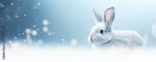 White rabbit on light blue background with copy space. Easter minimalistic concept with copy space. Cute pet for background, poster, print, design card, banner, flyer