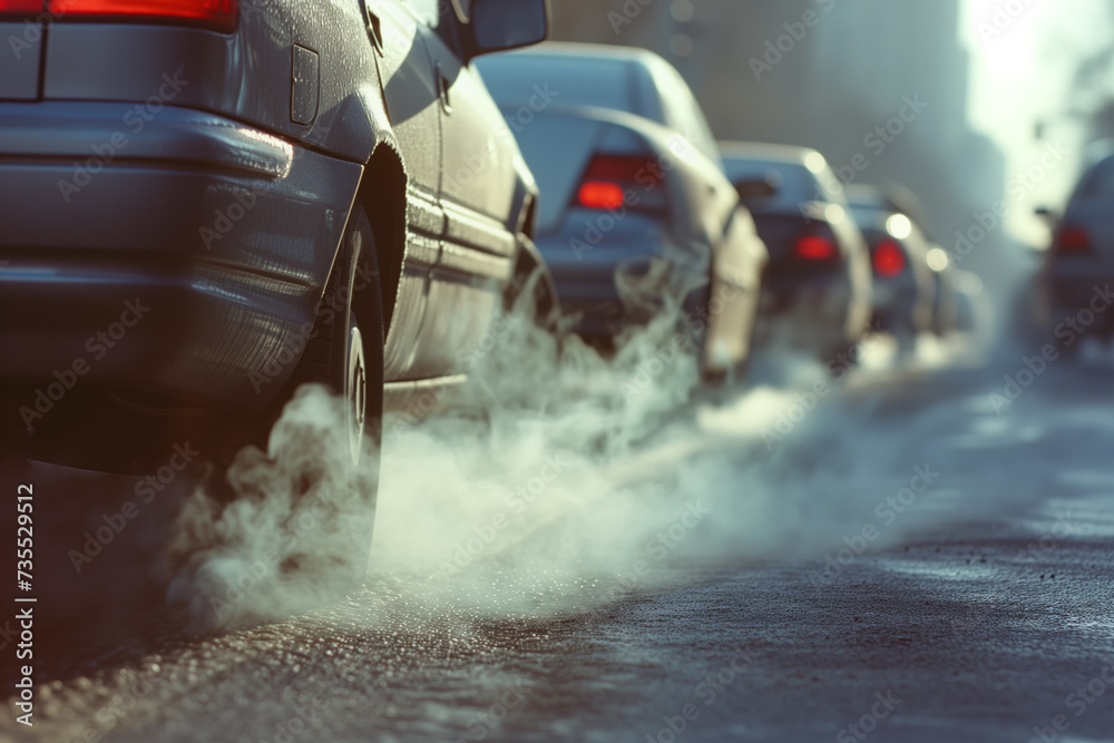 A queue of vehicles releasing exhaust fumes into the air, highlighting issues of air pollution and environmental concerns in urban settings. - obrazy, fototapety, plakaty 