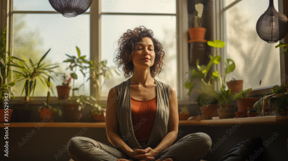 A woman sitting in a yoga position in front of a window. Healthy serene woman meditating at home with eyes closed, relaxing body and mind sitting on floor in living room. Mental health and medita A woman sitting in a yoga position in front of a window. Healthy serene woman meditating at home with eyes closed, relaxing body and mind sitting on floor in living room. Mental health and medita