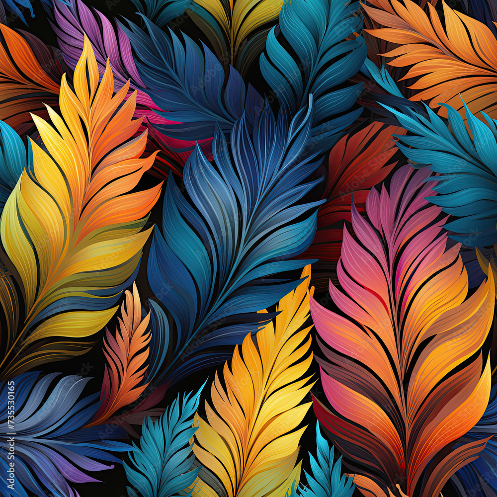Seamless pattern tropical texture with colorful palm leaves. Bright rainbow Hawaiian ornament for textiles