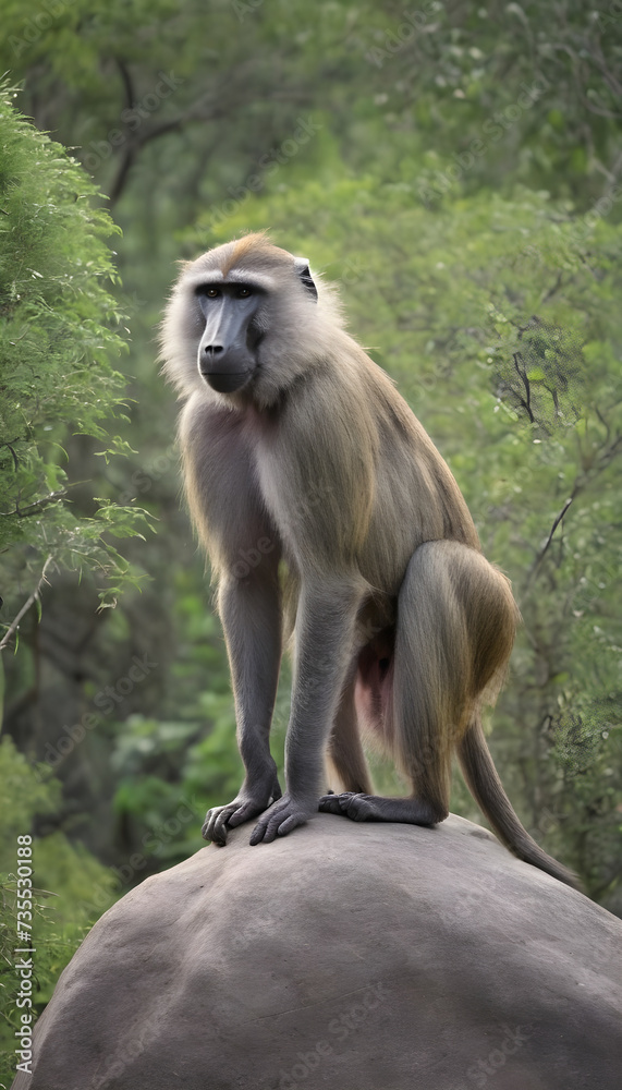 A formidable Baboon standing on a rock surrounded by trees and vegetation. Splendid nature concept.