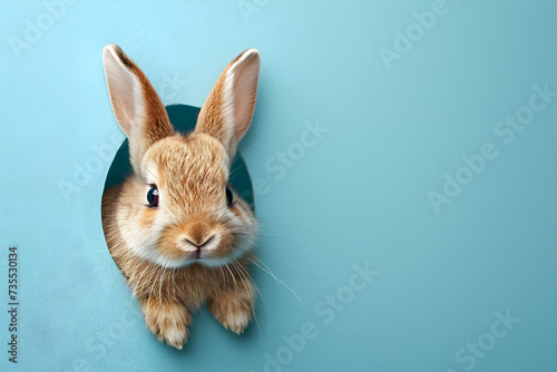 Easter bunny peeps out of the hole on pastel blue paper background. Happy Easter concept. Cute animal, funny pet. Adorable rabbit for design greeting card, invitation, banner with copy space