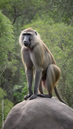 A formidable Baboon standing on a rock surrounded by trees and vegetation. Splendid nature concept. © Antonio Giordano