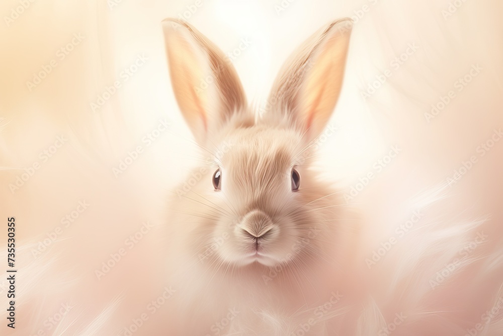 Obraz premium White rabbit on light peach blurred background with copy space. Easter minimalistic concept with copy space. Cute pet for background, poster, print, design card, banner, flyer