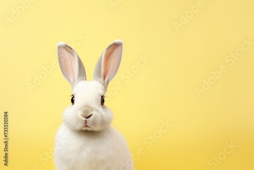 White rabbit pick up on a light yellow background with copy space. Easter minimalistic concept with copy space. Cute pet for background, poster, print, design card, banner, flyer