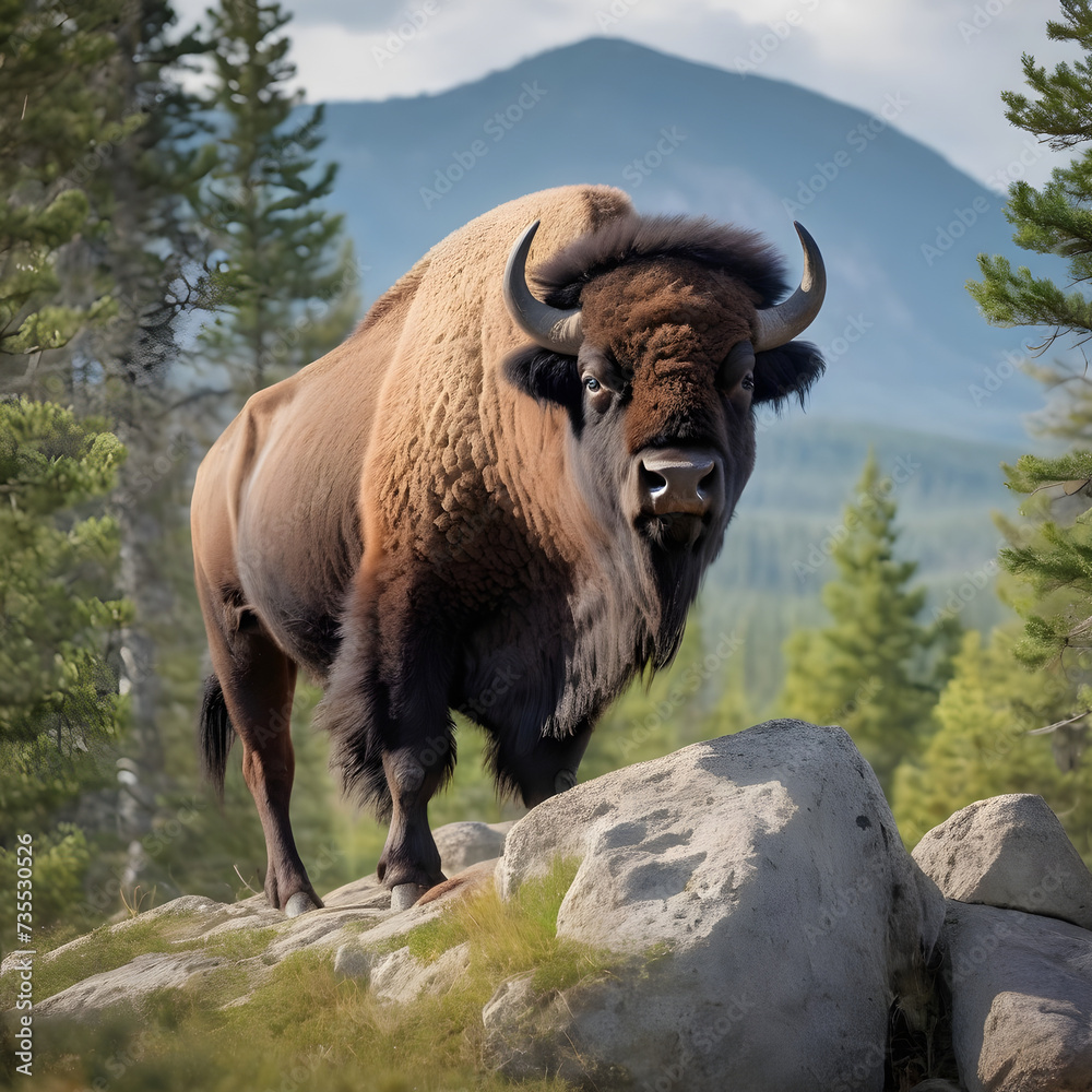 A formidable Bison standing on a rock surrounded by trees and vegetation. Splendid nature concept. A formidable Bison standing on a rock surrounded by trees and vegetation. Splendid nature concept.