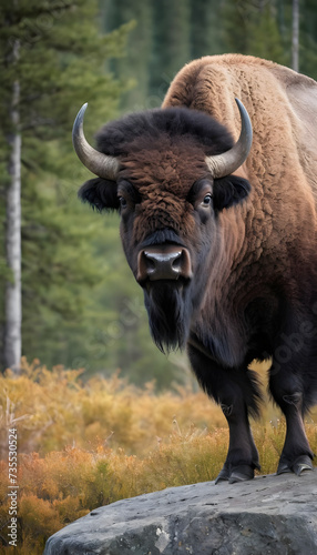A formidable Bison standing on a rock surrounded by trees and vegetation. Splendid nature concept. © Antonio Giordano