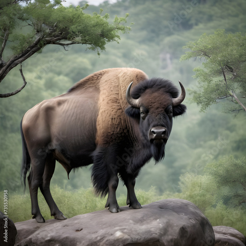 A formidable Buffalo standing on a rock surrounded by trees and vegetation. Splendid nature concept.