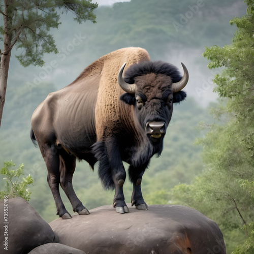 A formidable Buffalo standing on a rock surrounded by trees and vegetation. Splendid nature concept.