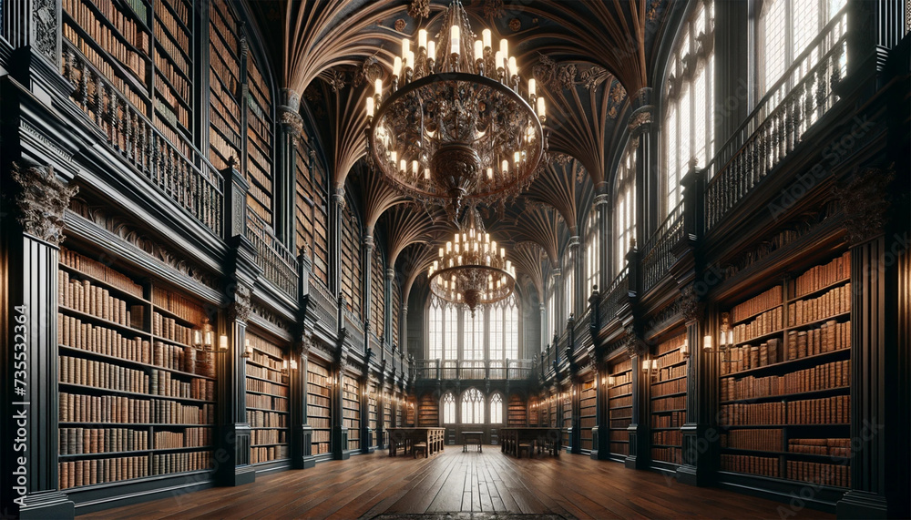 Obraz premium An image of a huge Gothic-style library with high ceilings, arched windows, rows of dark oak bookshelves filled with old books, and a large ornate chandelier. Books in the library close-up.