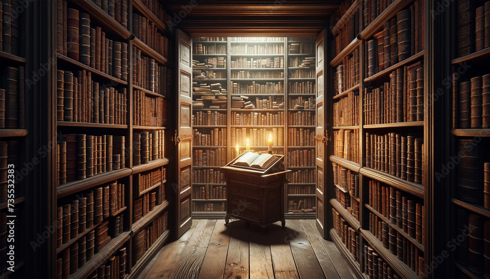An image of a secret library hidden behind a moving bookcase, with a small room containing tall, crammed shelves of old books, a single desk with a lit candle, and an open ancient tome. Books in the l An image of a secret library hidden behind a moving bookcase, with a small room containing tall, crammed shelves of old books, a single desk with a lit candle, and an open ancient tome. Books in the l